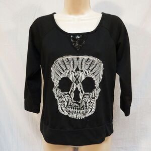 Miss Chievous Shirt Black Skull Front Sheer Lace Back Top  Size S